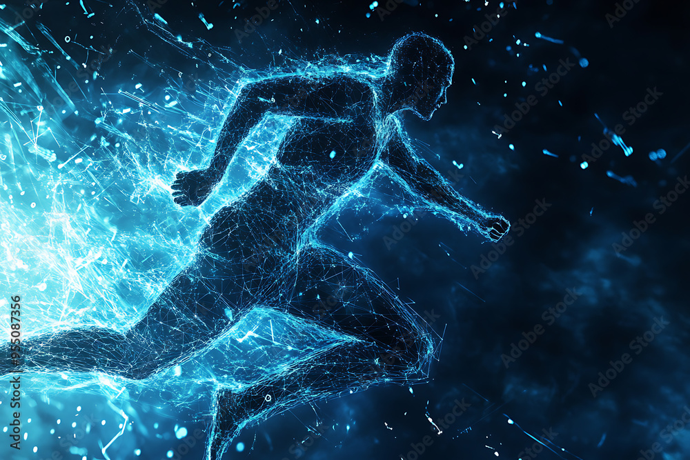 An abstract digital background banner featuring the image of a running man An abstract digital background banner featuring the image of a running man