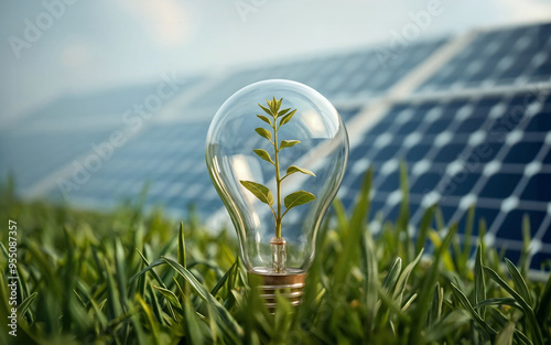 Ampoule et  panneaux solaire photovoltaïque sur fond de nature, énergie verte et économie d'énergie dans la maison photo