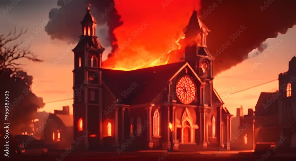 Church building burning fire burning and smoke moving Church with cross burns in flames at dark night It is a tradition destroyed flames moving 4k animation Church building burning fire burning and smoke moving Church with cross burns in flames at dark night It is a tradition destroyed flames moving 4k animation