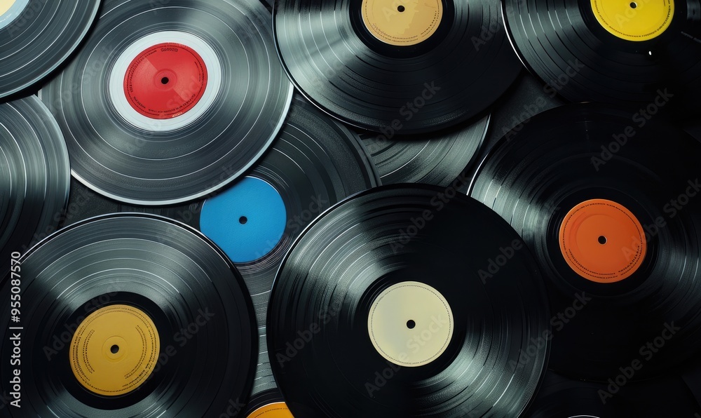 A vibrant array of colorful vinyl records scattered, showcasing an artistic and playful arrangement that captures the spirit of retro music culture and timeless design.