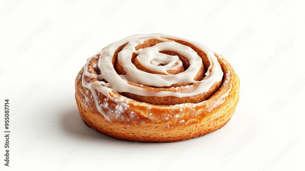 Fototapeta premium A detailed 3D render of a freshly baked cinnamon bun with a swirl of icing on top, isolated on a transparent background