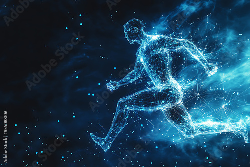 An abstract digital background banner featuring the image of a running man