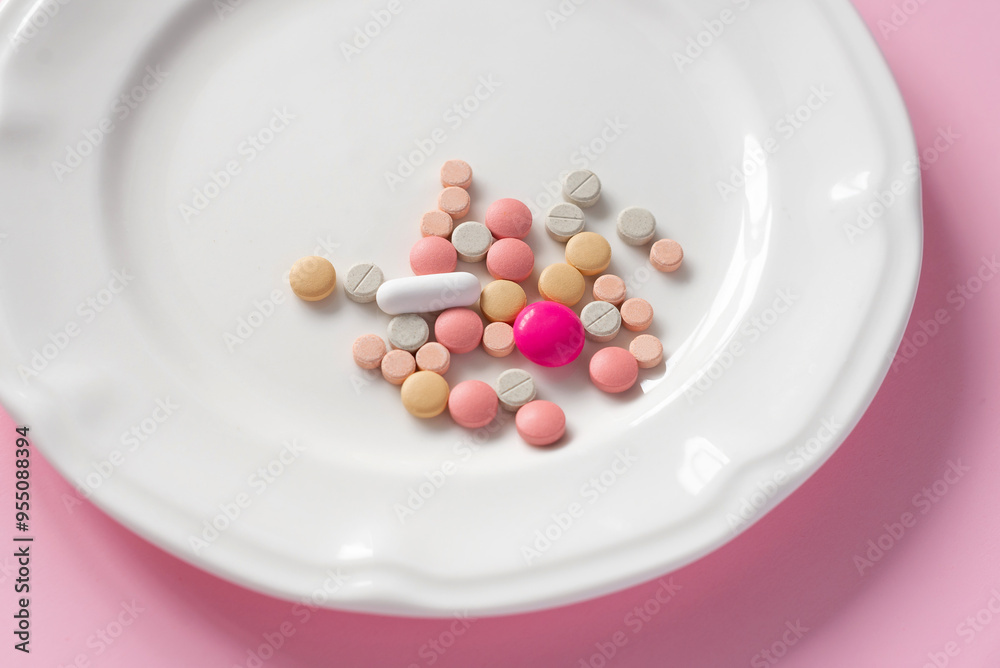Top view of several colorful tablets and pills on a white plate on pink background. Creative pills concept Top view of several colorful tablets and pills on a white plate on pink background. Creative pills concept