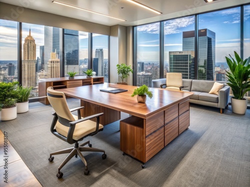 Elegant, custom-designed office furniture pieces, crafted with premium materials, sit amidst a modern, well-lit Melbourne workspace, exuding sophistication and productivity. photo