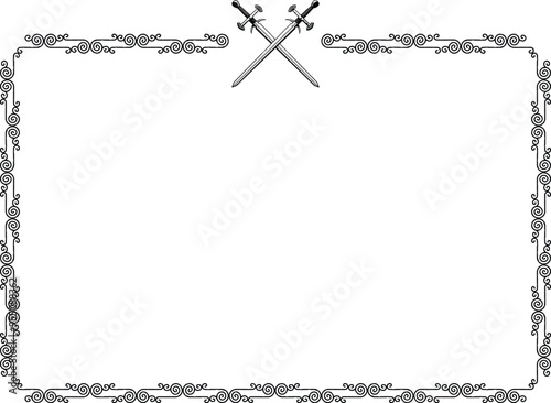 Rectangular Frame - Celtic Curved Lines Border - Crossed Medieval Swords