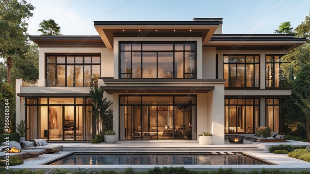 Fototapeta premium Modern luxury home with large windows and a pool.