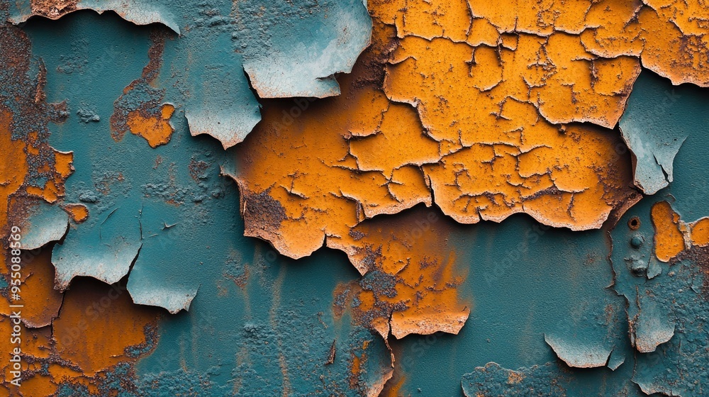 Detailed close-up of rusted metal surface with peeling paint and textured corrosion Detailed close-up of rusted metal surface with peeling paint and textured corrosion