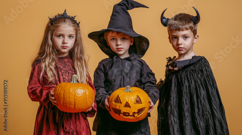 Children in modern cosplay fantastic fictional movie characters costume for Halloween