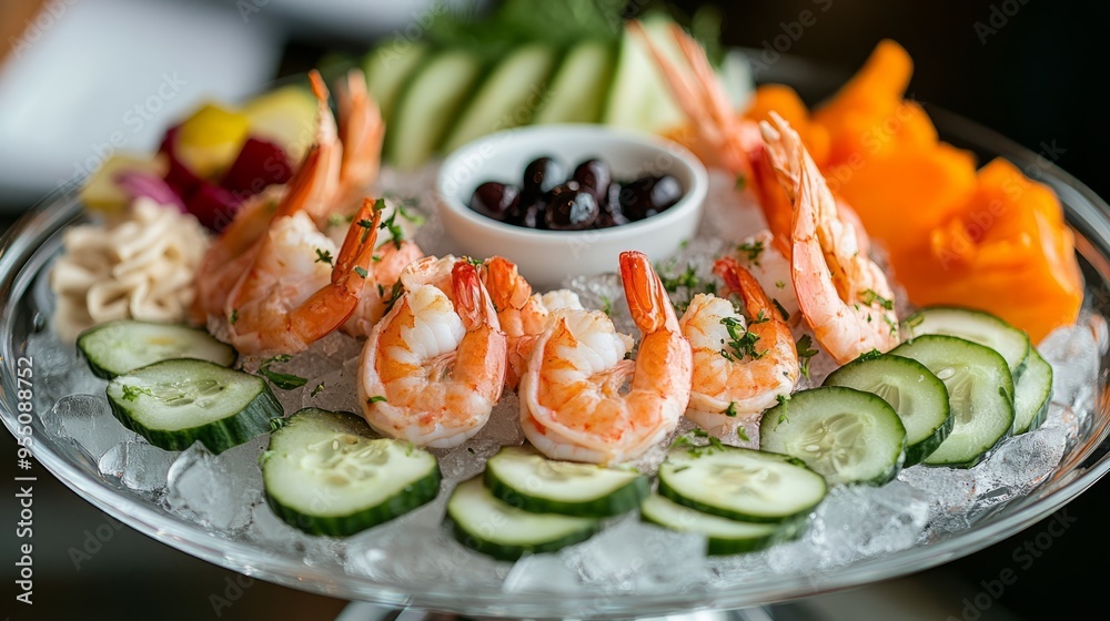 Close-up of a platter with shrimp, cucumber, and olives, all arranged on ice. Close-up of a platter with shrimp, cucumber, and olives, all arranged on ice.
