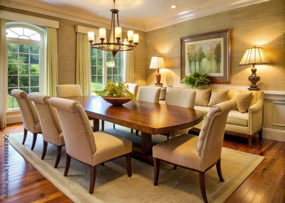Elegant formal dining room features a sturdy wood table, upholstered chairs, and a curved-back bench, surrounded by creamy walls and warm ambient lighting. Elegant formal dining room features a sturdy wood table, upholstered chairs, and a curved-back bench, surrounded by creamy walls and warm ambient lighting.