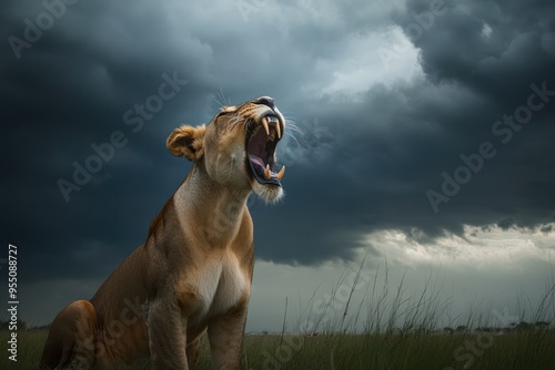 Lioness roaring powerfully in open grassy savanna photo