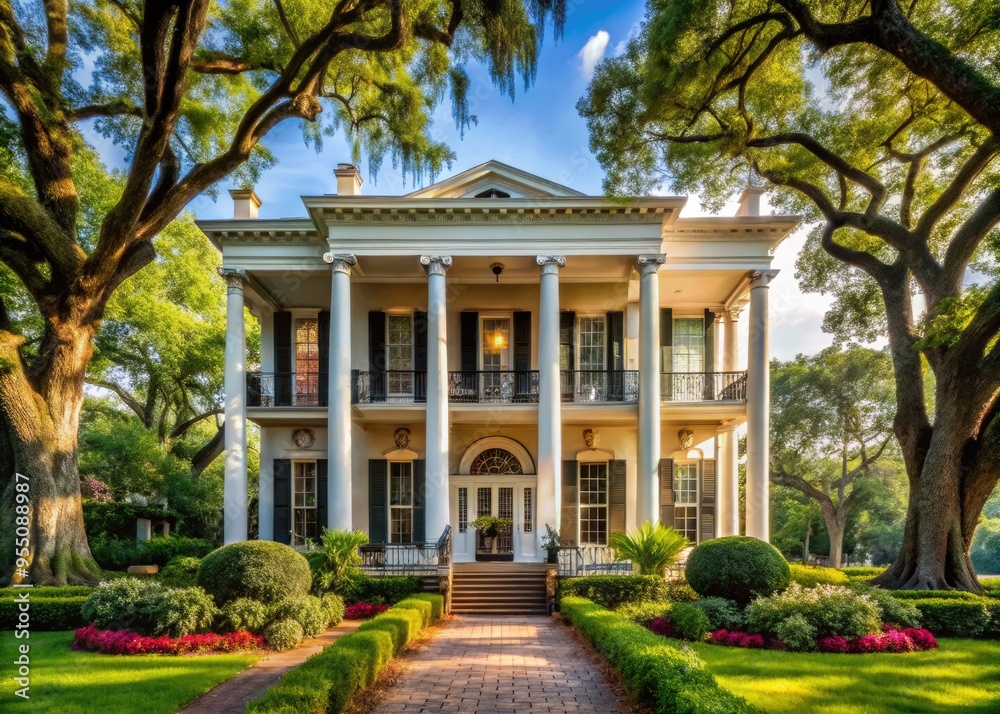 Elegant Greek Revival-style antebellum mansion with grand columns, sprawling porches, and intricate ironwork, surrounded by lush gardens and majestic oak trees in Mobile, Alabama. Elegant Greek Revival-style antebellum mansion with grand columns, sprawling porches, and intricate ironwork, surrounded by lush gardens and majestic oak trees in Mobile, Alabama.