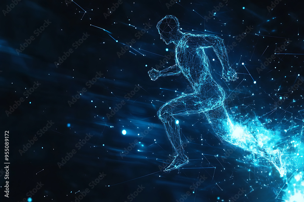 An abstract digital background banner featuring the image of a running man An abstract digital background banner featuring the image of a running man