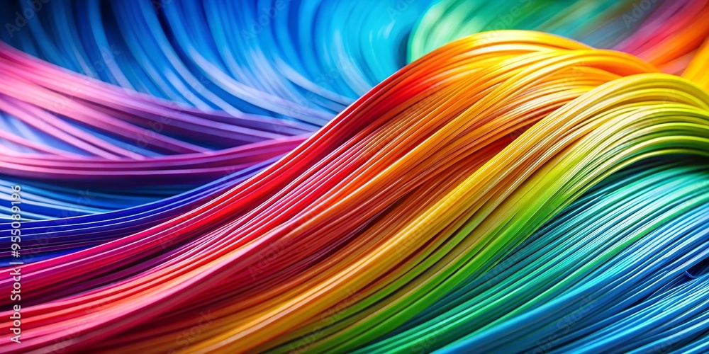 Colorful rainbow wires elegantly flow across a surface, showcasing vibrant hues and smooth textures under soft lighting Colorful rainbow wires elegantly flow across a surface, showcasing vibrant hues and smooth textures under soft lighting