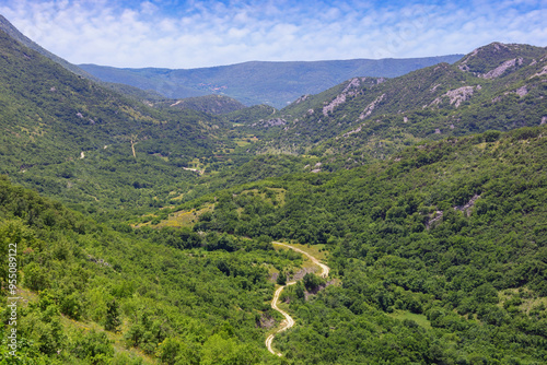 Beautiful summer mountain landscape. Bosnia and Herzegovina, mountain road in Dinaric Alps. Travel through the Balkans, Trebinje region