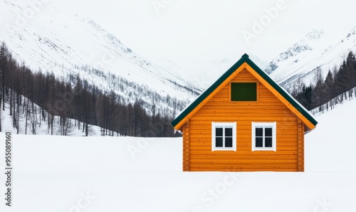 sustainable cabin design in a snowy mountain landscape, eco-friendly architecture, renewable energy, passive house, leed certification, sustainable living, green building, net zero carbon footprint.