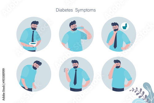 The symptoms of diabetes, infographics template. Sick male character. Flat design for medical journal or brochure.
