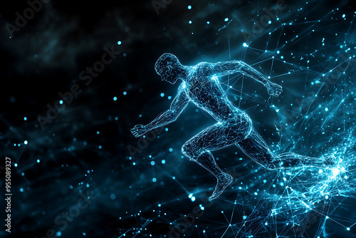 An abstract digital background banner featuring the image of a running man