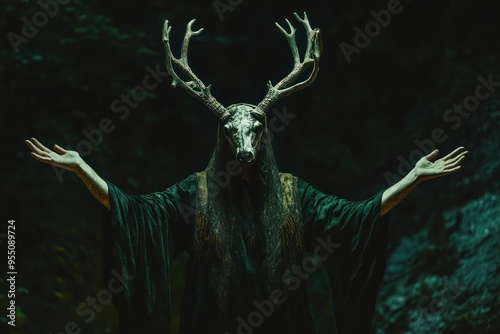 Figure with antlers and skull mask, dark forest, mystical. photo