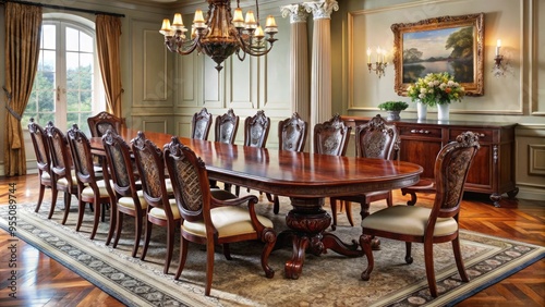 Elegant mahogany dining room table seats 12, surrounded by ornate empire-style chairs, adorned with intricate carvings, set against a lavish dark-wood floor and cream-colored walls. photo