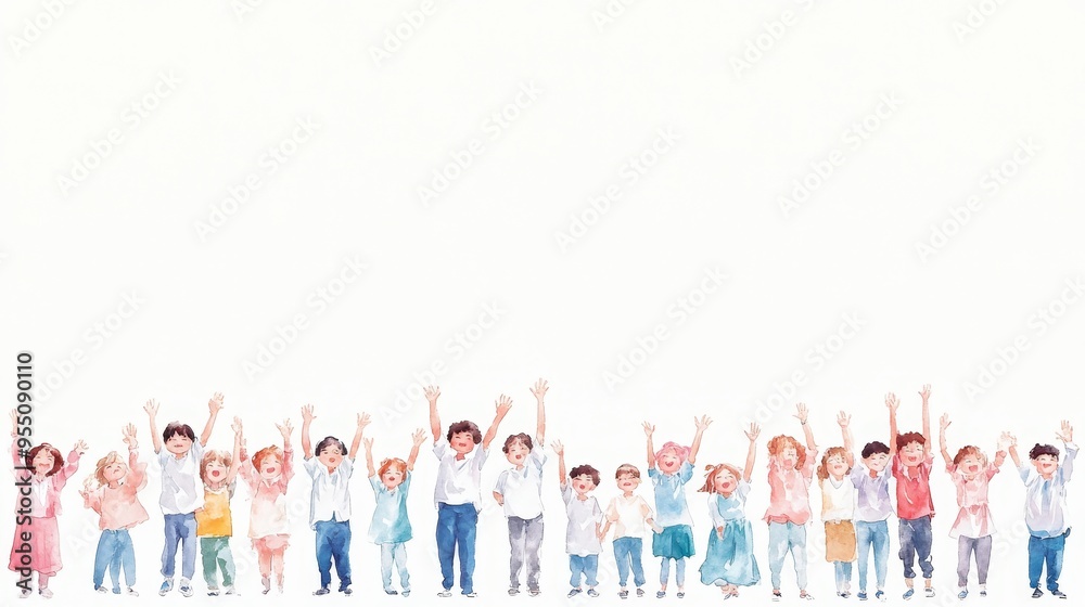 A joyful group of children celebrating together, raising their hands in excitement against a bright, minimalist background. A joyful group of children celebrating together, raising their hands in excitement against a bright, minimalist background.