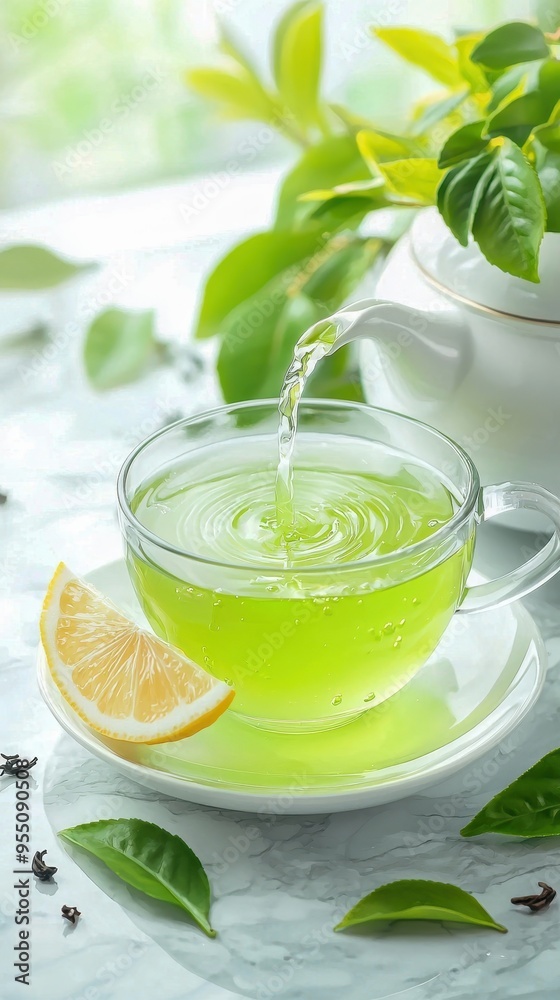 A refreshing cup of green tea with lemon, surrounded by vibrant green leaves, perfect for relaxation and wellness.