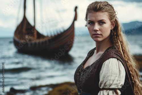 Viking woman stands by the sea with a longship photo