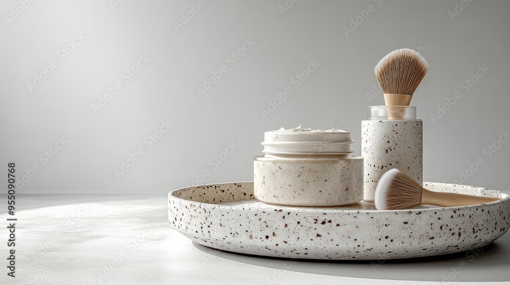 A tranquil display of skincare essentials resting on a stylish tray with gentle lighting A tranquil display of skincare essentials resting on a stylish tray with gentle lighting