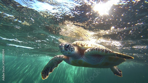 A sea turtle swimming gracefully beneath the water's surface, illuminated by sunlight.