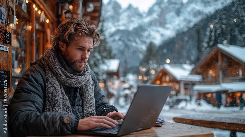Cozy Mountain Cafe: Remote Worker Typing on Laptop with Snowy Peaks View Through Window Cozy Mountain Cafe: Remote Worker Typing on Laptop with Snowy Peaks View Through Window