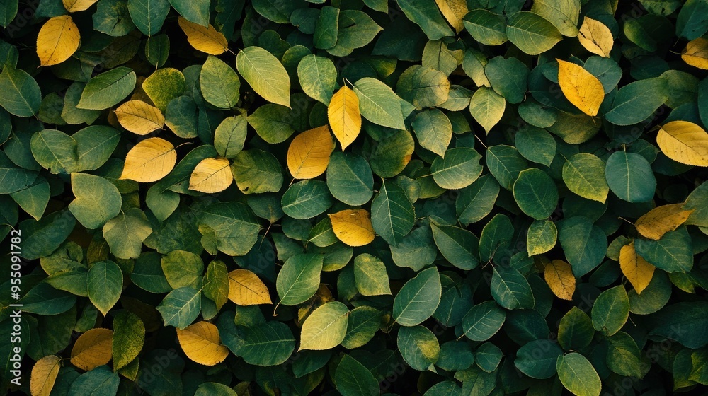 Overhead shot of a leaf-covered ground with varying shades of green and yellow, ideal for a natural scene Overhead shot of a leaf-covered ground with varying shades of green and yellow, ideal for a natural scene