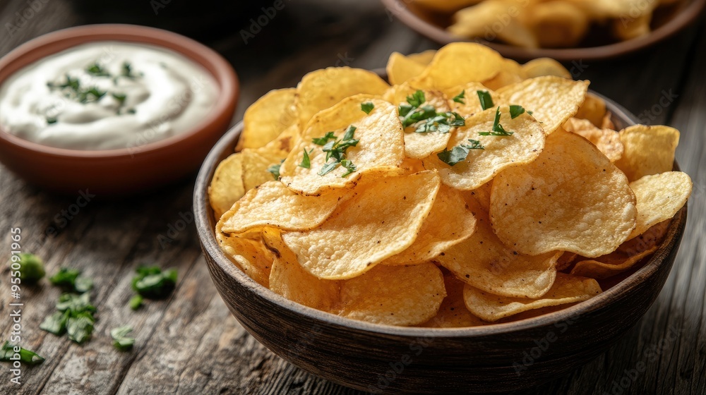 Pile of crispy potato chips in a bowl, with a side of dip on a wooden table Pile of crispy potato chips in a bowl, with a side of dip on a wooden table