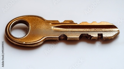 This brass key shines brightly on a clean white background, inviting curiosity