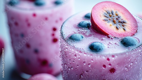 Delicious smoothie crafted with fresh berries and tropical fruits served in glasses photo