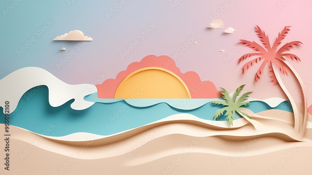 Papercut summer background with palm trees and sea Papercut summer background with palm trees and sea