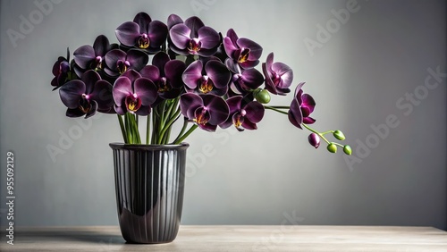 Exquisite black orchids with velvety petals and delicate stems bloom in a modern vase against a sleek, light-gray background, exuding elegance and sophistication. photo