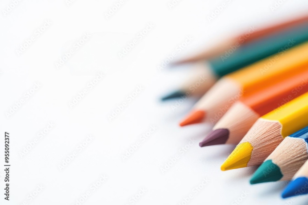 Fototapeta premium Vibrant colored pencils neatly arranged on a white background, perfect for artistic, educational, or creative themes.