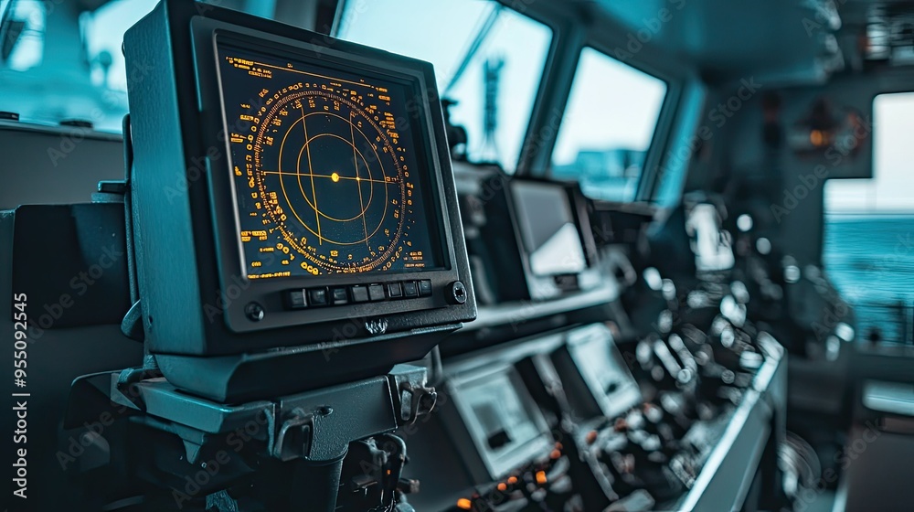 Fototapeta premium A close-up of a ship's radar and communication equipment, mounted on the bridge.
