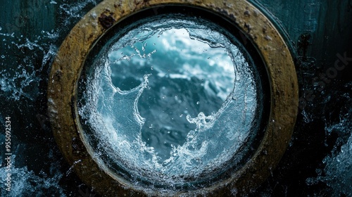 A close-up of a ship's porthole, with water splashing against the glass as the ship moves through the sea