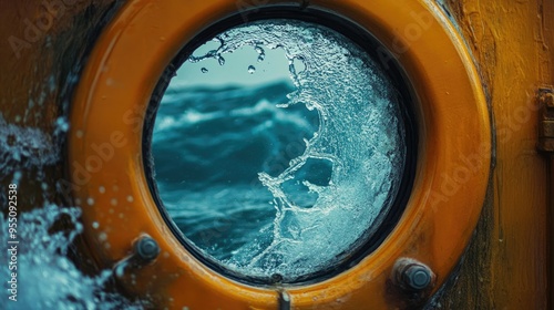 A close-up of a ship's porthole, with water splashing against the glass as the ship moves through the sea