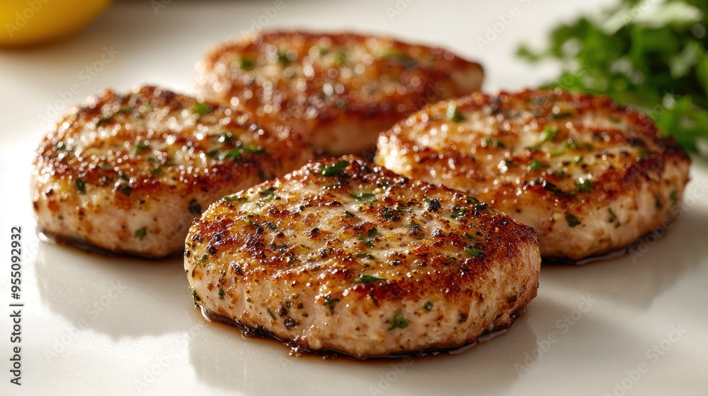 Deliciously seared chicken patties highlight a culinary delight with vibrant herbs Deliciously seared chicken patties highlight a culinary delight with vibrant herbs