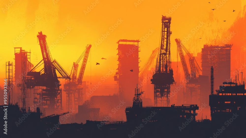 A shipyard at sunset, with cranes silhouetted against the orange sky and containers stacked high. A shipyard at sunset, with cranes silhouetted against the orange sky and containers stacked high.