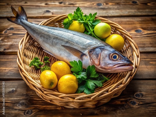 Freshly caught Atlantic hake lies on a rustic wooden table, surrounded by lemons, parsley, and a woven basket, awaiting preparation in a coastal kitchen. photo