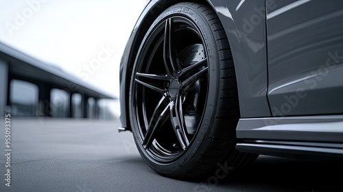 A side profile of a pristine alloy wheel with a glossy finish, mounted on a high-performance tire, with the focus