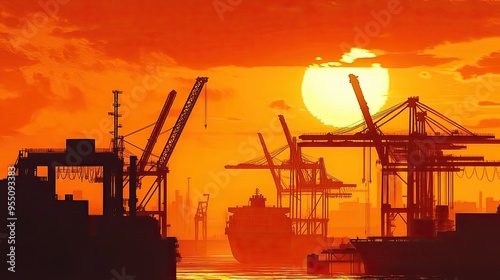 A shipyard at sunset, with cranes silhouetted against the orange sky and containers stacked high. photo