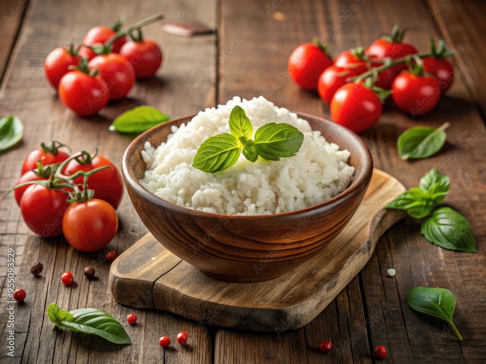 Freshly cooked white rice surrounded by juicy red tomatoes and fragrant green basil leaves on a rustic wooden table, with a warm natural light effect. Freshly cooked white rice surrounded by juicy red tomatoes and fragrant green basil leaves on a rustic wooden table, with a warm natural light effect.