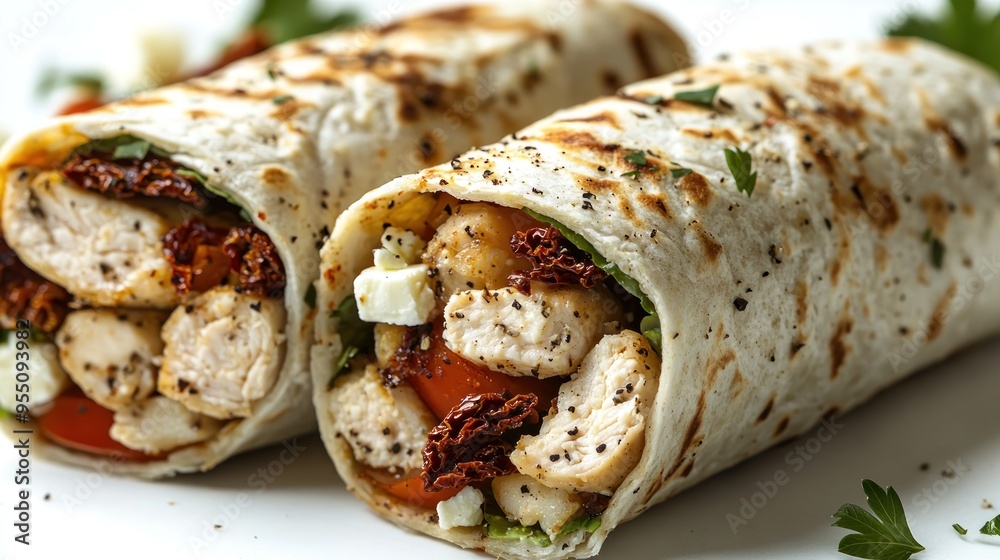 Grilled chicken wraps with fresh veggies and sun-dried tomatoes, delightfully arranged Grilled chicken wraps with fresh veggies and sun-dried tomatoes, delightfully arranged