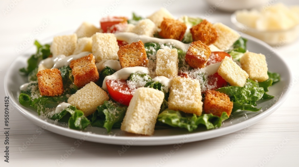 Fresh greens and juicy tomatoes create a delightful lunch, topped with crispy croutons