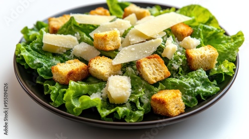 Crisp romaine lettuce topped with crunchy croutons and shaved cheese awaits enjoyment