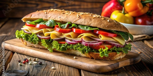 Freshly prepared submarine sandwich on whole grain bread with crispy vegetables, juicy turkey, and melted cheese on a rustic wooden table. photo